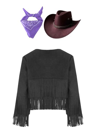 Miaeowve Western Outfit Kinder Junge Mädchen Langarm Fransenjacke + Cowboyhut + Bandana Halstuch Fasching Karneval Wild Western Sheriff Kostüm Schwarz & Lila 158-164 von Miaeowve