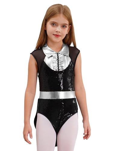 Miaeowve Zirkus Akrobatik Kostüm Kinder Mädchen Pailletten Turnanzug Metallic Patchwork Overall Cut Out Jumpsuit Ärmellos Frack Jacke Parade Uniform Silber 170 von Miaeowve