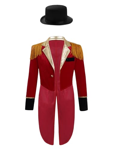 Miaeowve Zirkus Kostüm Kinder Jungen Steampunk Frack Jacke Langarm Frasen Quasten Blazer Viktorianisch Gehrock Mit Hut Ringmaster Uniform Rot 134-140 von Miaeowve