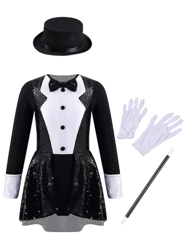 Miaeowve Zirkus Kostüm Kinder Mädchen Akrobatik Kleid Pailletten Glitzer Tanzkleid Langarm Zauberer Kleid Mit Hut Handschuhe Zauberstab Faschingkostüm Schwarz 110-116 von Miaeowve