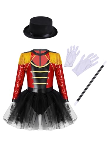 Miaeowve Zirkus Kostüm Kinder Mädchen Dompteurin Uniform Pailletten Glitzer Zirkusdirektorin Kleid Tutu Tanzkleid Mit Hut Handschuhe Zauberstab Outfit Rot 134-140 von Miaeowve