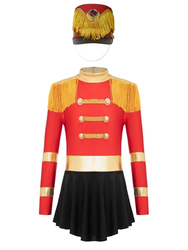 Miaeowve Zirkus Kostüm Mädchen Akrobatik Anzug Kinder Metallic Patchwork Tanzkleid Langarm Fransen Quasten Trikot Mit Drummer Hut Tanzkostüm Rot A 110-116 von Miaeowve