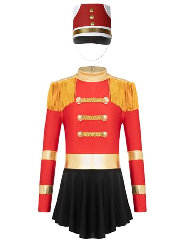 Miaeowve Zirkus Kostüm Mädchen Akrobatik Anzug Kinder Metallic Patchwork Tanzkleid Langarm Fransen Quasten Trikot Mit Drummer Hut Tanzkostüm Rot B 110-116 von Miaeowve