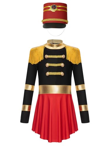 Miaeowve Zirkus Kostüm Mädchen Akrobatik Anzug Kinder Metallic Patchwork Tanzkleid Langarm Fransen Quasten Trikot Mit Drummer Hut Tanzkostüm Schwarz A 110-116 von Miaeowve