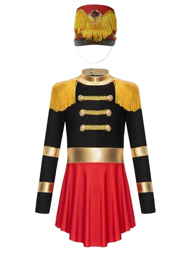 Miaeowve Zirkus Kostüm Mädchen Akrobatik Anzug Kinder Metallic Patchwork Tanzkleid Langarm Fransen Quasten Trikot Mit Drummer Hut Tanzkostüm Schwarzes B 110-116 von Miaeowve