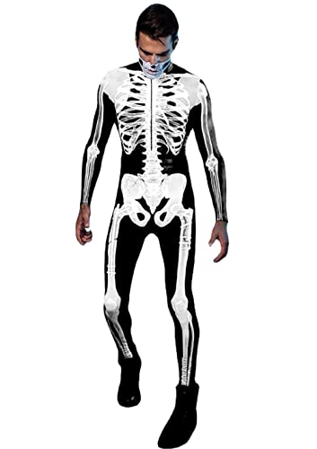 Miaikvs Herren Skelett Kostüm Halloween 3D Skelett Foto-Realistischer Langarm Overall Cosplay Skelett Jumpsuit (Erwachsene Schwarz, L) von Miaikvs