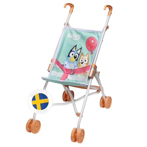 Bluey Puppenwagen Sulky – Leichter Puppenbuggy, Zusammenklappbar und tragbar, perfektes Spielzeug für Kinder ab 3 Jahren, rosafarbenes und blaues Design mit niedlichen Tiermustern – 540x270x400 mm von Micki