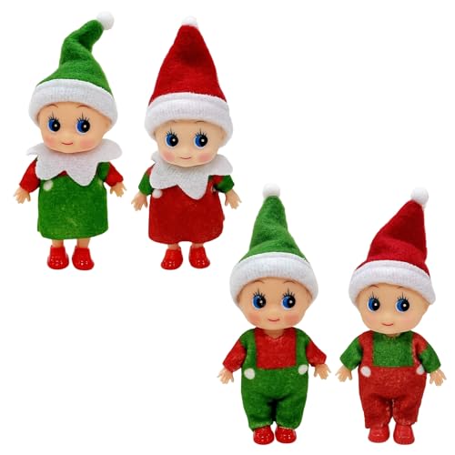 4 Stück Weihnachtselfen Figuren Mini Elfen für Jungen Mädchen,Rot Grüne Mini Puppe Elf Weihnachten Baby Winziger Weihnachtself für Weihnachten Neujahr Geschenk,Weihnachtsstrumpffüller von Mienocol