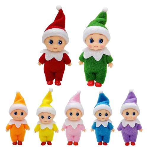 7 Stück Weihnachtselfen Figuren Mini Elfen für Jungen Mädchen,Regenbogen Mini Puppe Elf Weihnachten Baby Winziger Weihnachtself für Weihnachten Neujahr Geschenk,Weihnachtsstrumpffüller von Mienocol