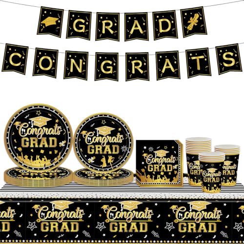 Abschlussfeier Party Partygeschirr Set,70 Stück Schwarzes Gold Abschlussdeko Pappteller Becher, Servietten Tischdecke und Congrats Grad Banner für Abschlussfeier Partygeschirr Tischdeko Abschlussfeier Party Partygeschirr Set,70 Stück Schwarzes Gold Abschlussdeko Pappteller Becher, Servietten Tischdecke und Congrats Grad Banner für Abschlussfeier Partygeschirr Tischdeko von Mienocol