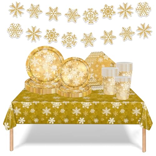 Gold SchneeBlume Weihnachtspapier Partygeschirr Set,70 Stück Gold SchneeBlume Pappteller Becher, Servietten Tischdecke und Banner Set für Weihnachten Neujahr Winter SchneeBlume Dekoration 16 Gäste Gold SchneeBlume Weihnachtspapier Partygeschirr Set,70 Stück Gold SchneeBlume Pappteller Becher, Servietten Tischdecke und Banner Set für Weihnachten Neujahr Winter SchneeBlume Dekoration 16 Gäste von Mienocol