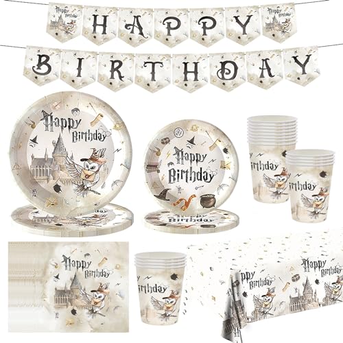 Harry Geburtstag Deko,Magischer Wizard Partygeschirr Set,82 Stück Wizard Pappteller Becher, Servietten, Tischdecke und Happy Birthday Banner für Kindergeburtstag Party Dekoration 20 Gäste Harry Geburtstag Deko,Magischer Wizard Partygeschirr Set,82 Stück Wizard Pappteller Becher, Servietten, Tischdecke und Happy Birthday Banner für Kindergeburtstag Party Dekoration 20 Gäste von Mienocol