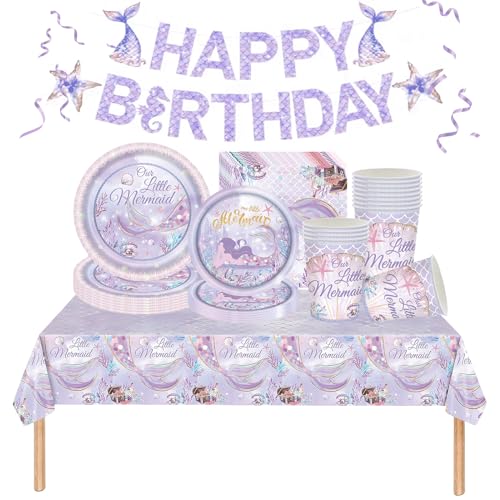 Meerjungfrau Partygeschirr Set,82 Stück Meerjungfrau Geschirr Lila Meerjungfrau Tischdeko Pappteller Becher, Servietten, Tischdecke und Happy Birthday Banner für Mädchen Geburtstag Deko 20Gäste von Mienocol