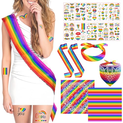 Mienocol Regenbogen-Pride-Set, Gay Pride LGBT Party, Regenbogen-Schärpe, Regenbogen-Bandana, Lesbenparade, quadratisches Kopftuch und Liebe, 14-teilig von Mienocol