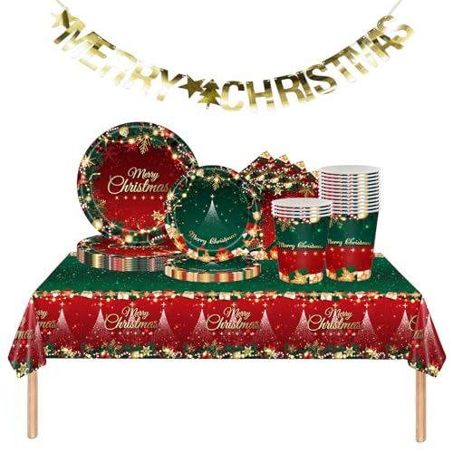 Weihnachtspapier Partygeschirr Set,70 Stück Rot Grün Weihnachtskranz Pappteller Becher, Servietten Tischdecke und Merry Christmas Banner Set Weihnachten tischdeko für 16 Gäste Weihnachten Dekoration von Mienocol