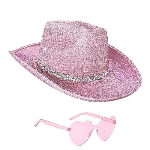 Mifeiwukawa Glitzernder Cowboyhut, glitzernder Cowgirl-Hut, Retro-Disco-Hut, Goldpuder, Tanzhut, Party-Requisiten, Zubehör für Musikfestivals (Glitzer-Strass-Cowboyhut + Brille) von Mifeiwukawa