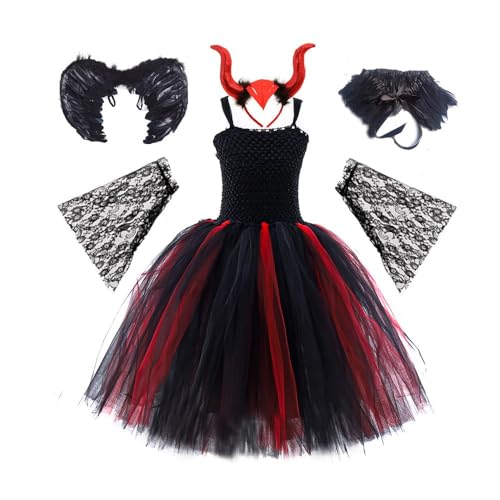 Mifeiwukawa Halloween Tüllrock Tütü Set Puffiges Kleid Spitzenärmel Kopfbedeckung Flügel Federschal Petticoat Damen Fasching Cosplay Kostüm Kurz (typ1, 150) von Mifeiwukawa