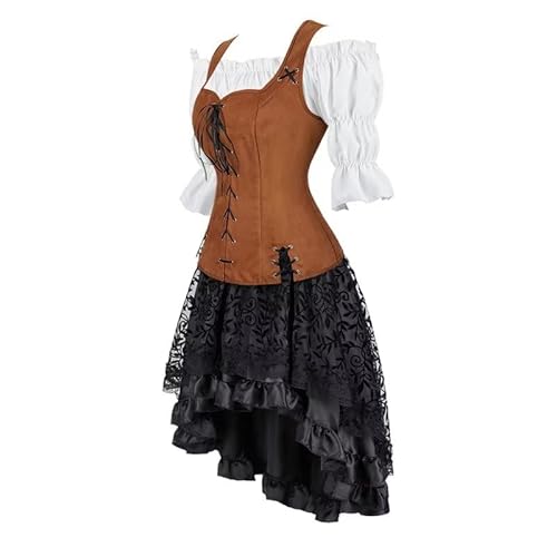 Mifeiwukawa Mittelalterliches Kostüm für Damen, Kleid, Rock, Set, Renaissance, Steampunk, Piratenweste, Wikinger, Mieder, Schnürweste, Cosplay, Braun 6505 Khaki, XXL von Mifeiwukawa