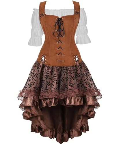 Mifeiwukawa Mittelalterliches Kostüm für Damen, Kleid, Rock, Set, Renaissance, Steampunk, Piratenweste, Wikinger, Mieder, Schnürweste, Cosplay (Braun 7056weiß, 3 Set, L) von Mifeiwukawa