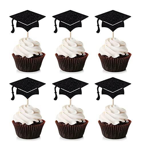 Migeaks 24 Stück Graduation Cupcake Topper – Abschlussfeier Glitter Kuchen Topper für Klasse 2022, Abschlussfeier Kappen für 2022, Abschlussfeier Party Kuchen Topper (schwarz) von Migeaks