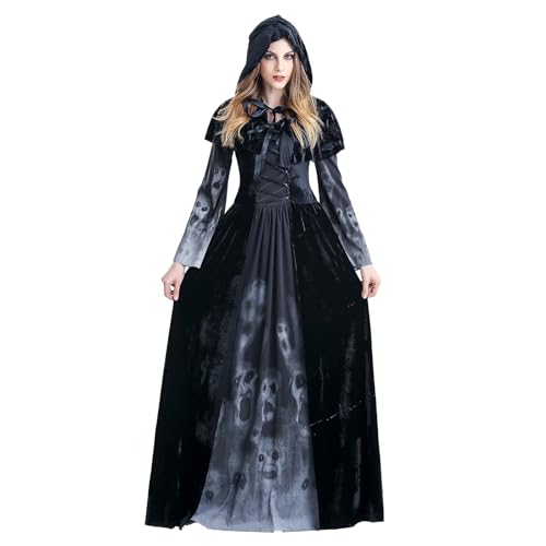 Hexenkostüm Damen,Vampir kostüm Damen,Ghostface Kostüm,Schwarzer Umhang mit Kapuze aus Samt,Zombie Skelett Kostüm Damen Langarm Vampir Kleid Langes,Steampunk Kostüm Damen(Schwarz,L) von MiiDD