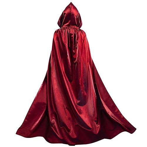 Roter Umhang mit Kapuze Halloween Kostüm,Unisex Lange Kapuzenumhang Satin Cape Umhang Kostüm Halloween Karneval Mittelalter(Roter,L) von MiiDD