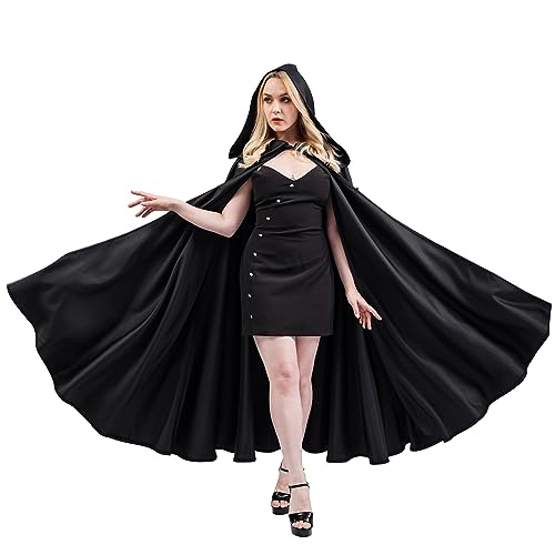 MiiDD Umhang mit Kapuze Kostüm,Unisex Lange Kapuzenumhang Cape Umhang Satin Kostüm für Halloween Karneval Mittelalter Pagan Fasching Cosplay Party(Black,L) von MiiDD