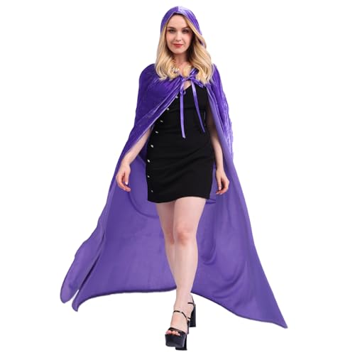 Vampir Umhang Schwarz mit Kapuze,Halloween Umhang mit Kapuze,Unisex Lange Kapuzenumhang Cape Umhang Samt Halloween Kostüm Damen für Halloween Batman Harry Potter Pagan Fasching Cosplay(Violett,M) von MiiDD