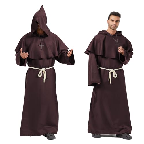 Priester Robe Mönch Kostüm Herren mit Kapuze und Kreuz,Herren Kapuzen Robe Gewand Mönchskutte Kostüm Herren für Halloween,Mittelalterliche,Renaissance,Karneval(Braun,S) von MiiDD