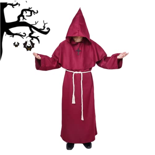 Priester Robe Mönch Kostüm Herren mit Kapuze und Kreuz,Herren Kapuzen Robe Gewand Mönchskutte Kostüm Herren für Halloween,Mittelalterliche,Renaissance,Karneval(Rot,L) von MiiDD