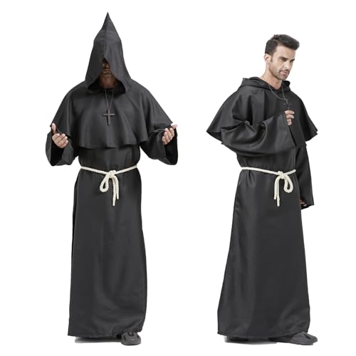 Priester Robe Mönch Kostüm Herren mit Kapuze und Kreuz,Herren Kapuzen Robe Gewand Mönchskutte Kostüm Herren für Halloween,Mittelalterliche,Renaissance,Karneval(Schwarz,L) von MiiDD