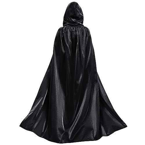 Schwarzer Umhang mit Kapuze,Halloween Umhang Kostüm mit Kapuze,Vampir Umhang Kostüm Erwachsene,Unisex Lange Kapuzenumhang Cape Umhang Satin Kostüm für Halloween Karneval Mittelalter(Schwarz,M) von MiiDD