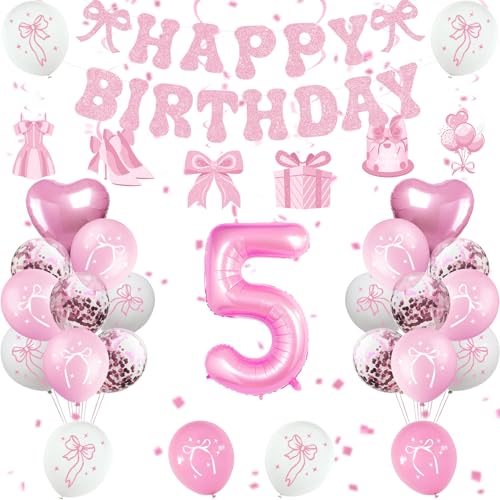 Rosa Schleife 5 Geburtstag Dekorationen Mädchen, Schleife Kokette Geburtstag Dekorationen für Mädchen 5 Geburtstag, Mädchen Cute Bow Themed Happy Birthday Party Supplies mit Rosa Schleife Ballons, von Miidenks