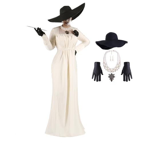 Mikan Tsumiki Lady Alcina Dimitrescu Cosplay Kostüm Damen Beige Langes Kleid für Halloween mit Halskette, Ohrringe, Handschuhe, Hut, S/M Mikan Tsumiki Lady Alcina Dimitrescu Cosplay Kostüm Damen Beige Langes Kleid für Halloween mit Halskette, Ohrringe, Handschuhe, Hut, S/M von Mikan Tsumiki