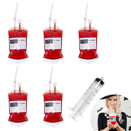 Halloween Blutbeutel,Halloween Trinkgefäß Blutbeutel,mit Clips Blutart Aufkleber und Fast Füllen Spritze Perfekt für Cosplay Vampire Zombie Party Krankenschwester Requisit Kostüm Dekoration,5 Stück von Mikiuly