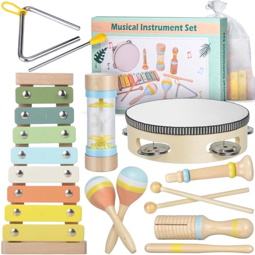 Kleinkind-Musikinstrumente, 7 Sets, Montessori-Holz-Musikinstrumente mit modernem Boho-Xylophon, neutrale Farben, Percussion-Instrumenten-Set für Jungen und Mädchen, Weihnachts- und von Mikiwon