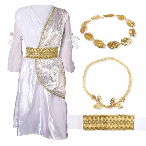 Griechisches Kostüm Kinder, Griechisches Toga Kostüm mit Kleid Stirnband Bund Halloween-Cosplay-Kostüm Griechische Göttin-Accessoires für Mädchen (Mittlere Größe, 5-8 Jahre) von Mikovivi