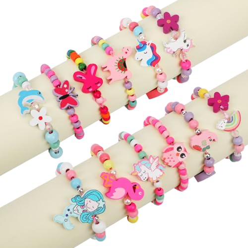 Mikovivi 12stk Mädchen Armbänder, 12 Stile aus Holz und Kunststoff Perlenarmbänder Süß Einhorn Meerjungfrau Tieranhänger Spielgeschenke Geschenk zum Geburtstag Tütenfüller für Kleinkinder von Mikovivi