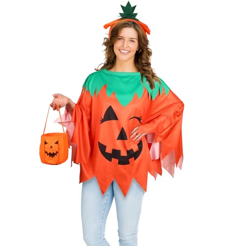 Mikovivi 3stk Halloween Kostüm Damen Kürbis, Kürbis Poncho Kostüm für Mädchen und Erwachsene mit Stirnband und Tasche für Unisex Kürbisthema Cosplay Partykleidung von Mikovivi