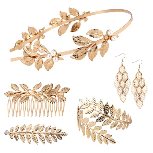 Mikovivi 5 St Griechische Göttin Kostüm Zubehör Set, griechischer Göttinnenschmuck Einschließlich Kopfbedeckungen aus Goldenen Lorbeerblättern Ohrringen Armband Haarkamm Haarnadel für Hochzeit von Mikovivi