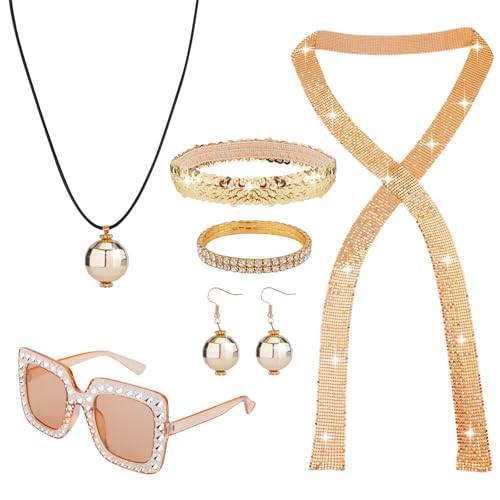 Mikovivi 6stk 70er-Jahre-Disko-Outfit-Set, Disco-Outfit für Damen Disco-Accessoires Ring Sonnenbrille Ohrringe Stirnband Disco-Kostüm für Damen Party-Dekoration (Gold) von Mikovivi