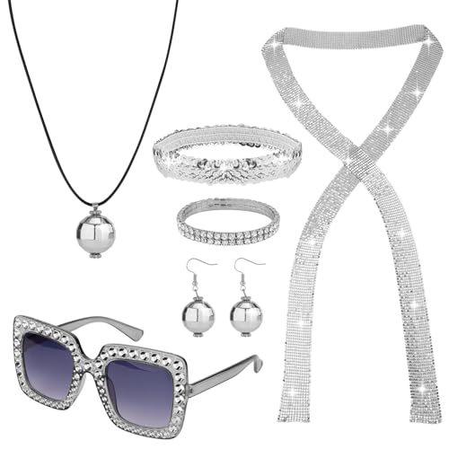 Mikovivi 6stk 70er-Jahre-Disko-Outfit-Set für Damen, Disco-Outfit Disco-Kostüm Ohrringe Stirnband Ring Sonnenbrille Disco-Accessoires für Damen Party-Dekoration (Silber) von Mikovivi