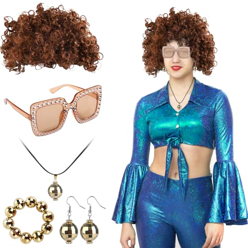 Mikovivi 70er Jahre Disco Zubehör Set, Retro Disco Kostüm Set Glitzer Ohrringe Funky Perücke Halskette Armband Brille Disco Party Zubehör Disco Bohemian Kostüm Set (Gold) von Mikovivi