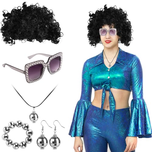 Mikovivi 70er Jahre Disco Zubehör Set, Retro Disco Kostüm Set Glitzer Ohrringe Funky Perücke Halskette Armband Brille Disco Party Zubehör Disco Bohemian Kostüm Set (Silber) von Mikovivi