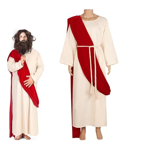 Mikovivi Jesus Christus Kostüm, Jesus Robe Christus Kostüm Jesus Kostüm Set Jesus Kostüm mit Perücke Bart Robe Schal Taillenkordel Cosplay-Outfit für Halloween-Party Kostümparty(Größe L) von Mikovivi