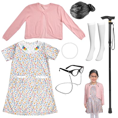 Mikovivi Kostüm Alte Damen für Kleine Mädchen, 8stk Oma Kostüm Kinder mit Perücke Kleid Strickjacke Brille Perlenkette Krücke Kniestrümpfen 100-Tage-Schule-Kostüm für Kinder(3-5 Jahre) von Mikovivi