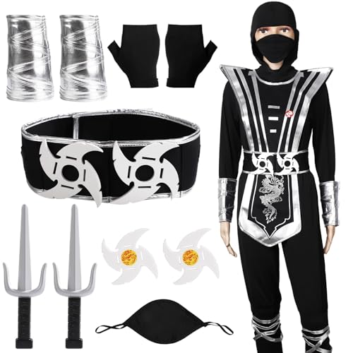 Mikovivi Ninja Anzug Kinder, 11stk Ninja Kostüm Zubehör Halloween Ninja Kostüm Schwarzes Ninja Kostüm Kinder für Halloween-Party Ankleideabend(Größe L) von Mikovivi