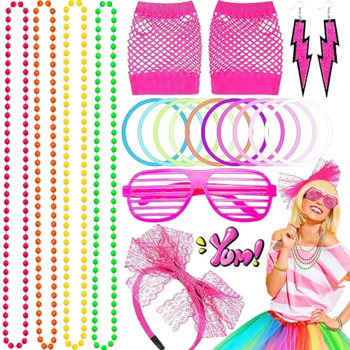 Mikqky 18 Stück Neon Spitze Stirnband 80er Jahre Accessoires, 80er Party Kleid Zubehör Neon, 80er Jahre Accessoires Damen Party, 80er Jahre Retro Party Set, Für 80er-Jahre-Mottopartys, Faschingspartys von Mikqky