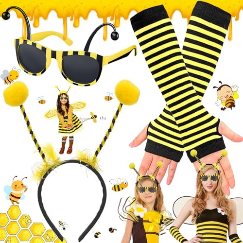 Mikqky 3 Stück Erwachsen Karneval Cosplay Bienen Kostüm, Bienenkostüm Kinder Erwachsene, Biene Brille, Bienen-Antennen-Stirnband, Biene Kostüm Accessoire Set, Biene mit Fühlern für Party, Biene Kostüm von Mikqky