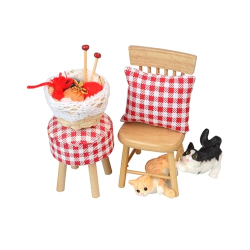 Milageto 1/12 Puppenhaus Miniatur Sitzgruppe Holzmöbel Katzenmuster Kinderzimmer, Style C von Milageto